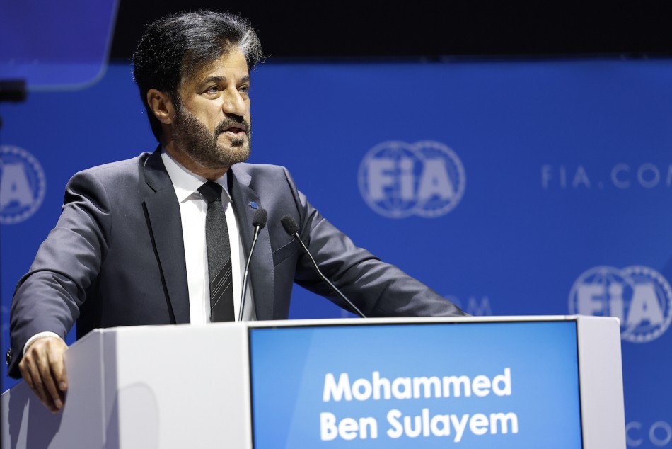 Mohammed Ben Sulayem at the podium, giving a speech at the 2022 FIA General Assembly