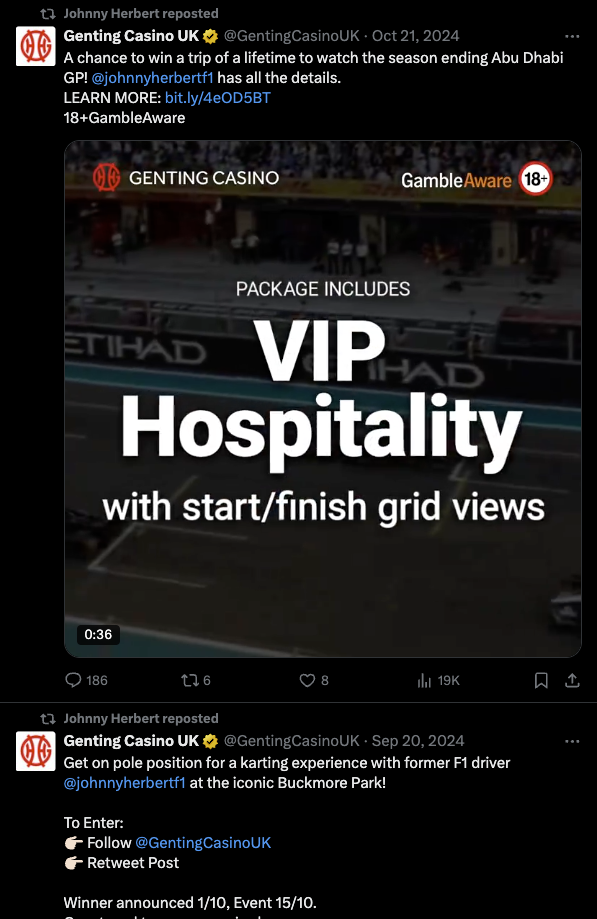 A screenshot showing the two most recent posts on Johhny Herbert's twitter profile, both of which are ads for Genting Casino UK.