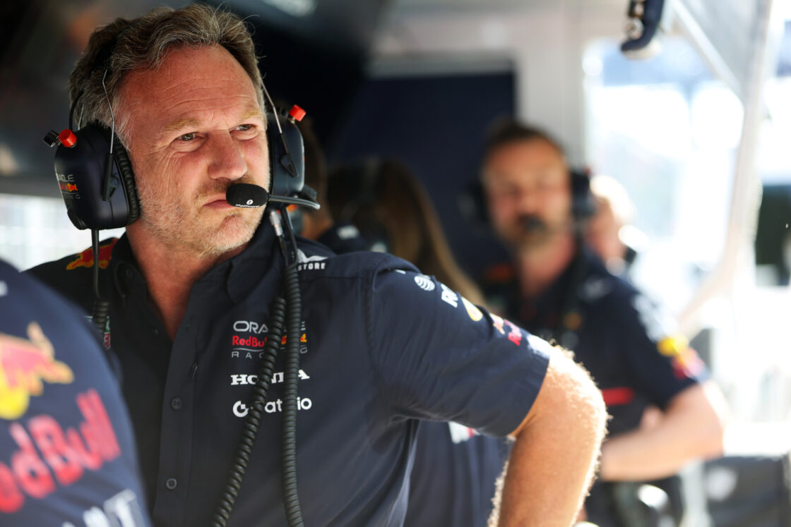 SPIELBERG, AUSTRIA - JUNE 28: Christian Horner, Team Principal of Oracle Red Bull Racing on the pit wall during qualifying ahead of the F1 Grand Prix of Austria at Red Bull Ring on June 28, 2025 in Spielberg, Austria. (Photo by Mark Thompson/Getty Images)