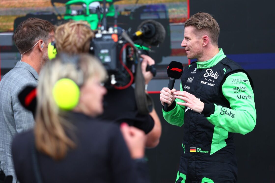 NORTHAMPTON, ENGLAND - JULY 06: Third placed Nico Hulkenberg of Germany and Stake F1 Team Kick Sauber is interviewed during the F1 Grand Prix of Great Britain at Silverstone Circuit on July 06, 2025 in Northampton, England. (Photo by Andy Hone/LAT Images)