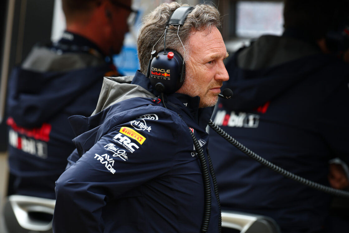 NORTHAMPTON, ENGLAND - JULY 06: Christian Horner, Team Principal of Oracle Red Bull Racing looks on during the F1 Grand Prix of Great Britain at Silverstone Circuit on July 06, 2025 in Northampton, England